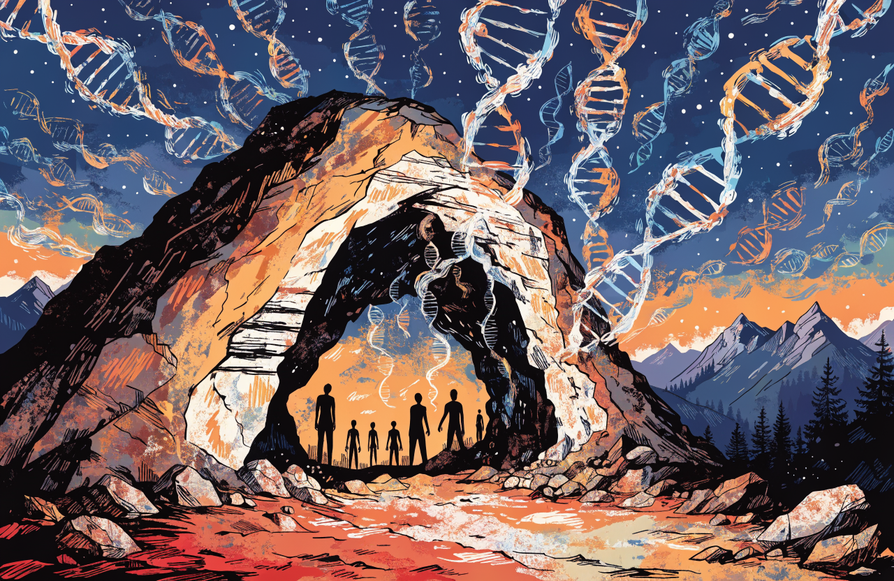 A surrealist illustration of a Romanian cave entrance at dusk with ancient human silhouettes visible inside, DNA double helix structures floating like smoke from the cave mouth into a starry sky, warm amber cave light contrasting with cool blue night sky, Carpathian mountains in background, digital illustration, editorial magazine style, flat bold colors, graphic novel aesthetic, hand-painted texture, NOT a photograph, illustrated artwork, stylized