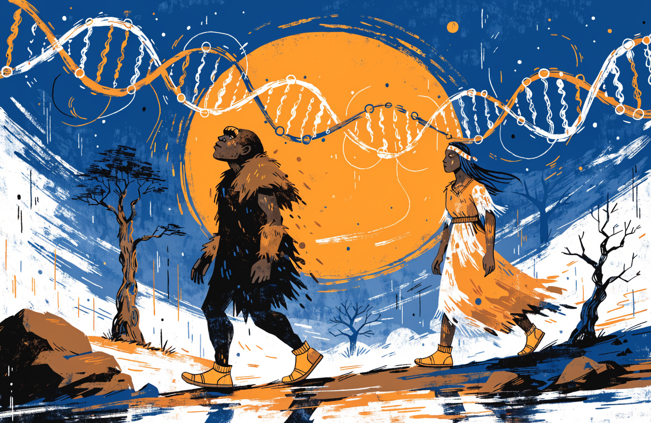 A stylized illustration of two ancient humans, one Neanderthal male with heavy brow ridges and one Homo sapiens female, standing near each other in a misty prehistoric landscape, their DNA strands intertwining between them like glowing ribbons, warm ochre and deep blue color palette, digital illustration, editorial magazine style, flat bold colors, graphic novel aesthetic, hand-painted texture, NOT a photograph, illustrated artwork, stylized