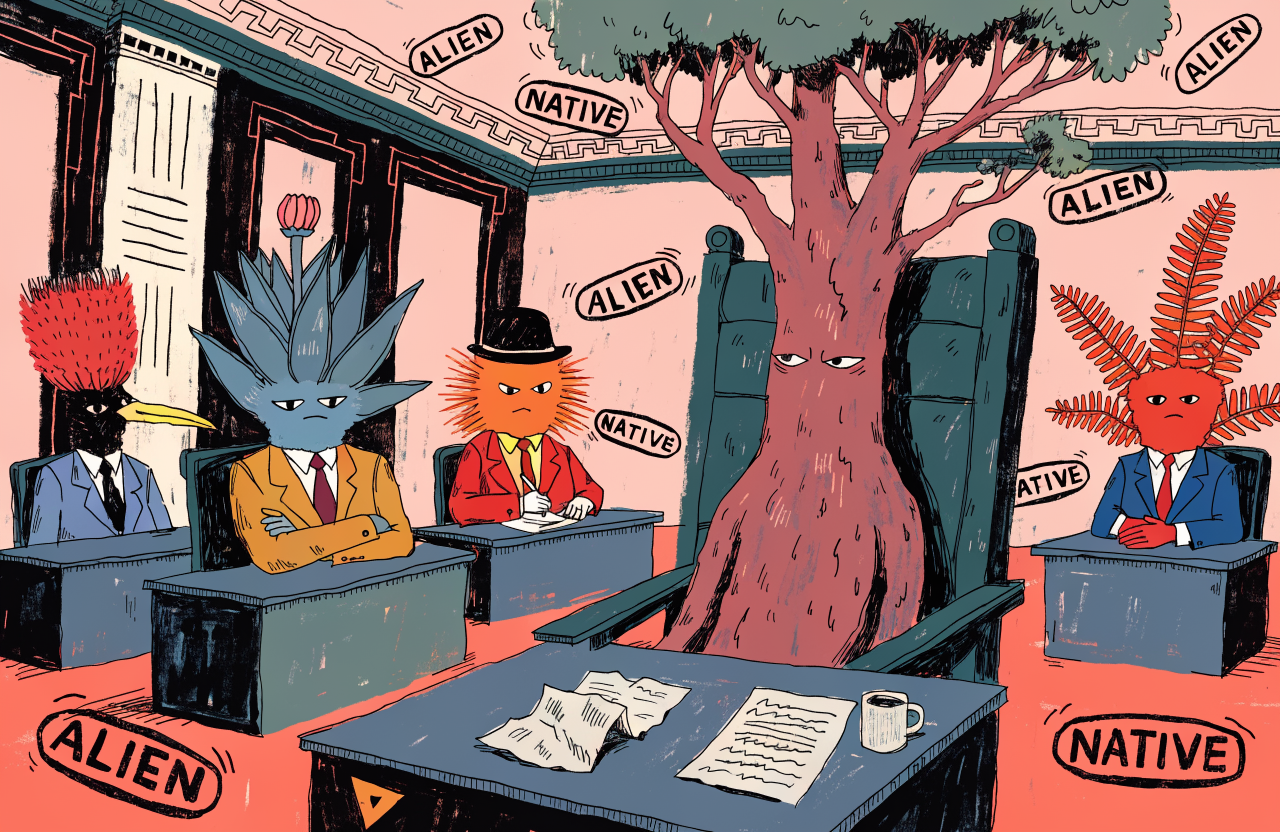 A surrealist illustration of a courtroom where plants and animals are on trial, a eucalyptus tree in the defendant's chair surrounded by native Australian flora acting as judges, bureaucratic stamps reading 'ALIEN' and 'NATIVE' floating through the air like confetti, Kafkaesque atmosphere with Art Deco architectural elements, digital illustration, editorial magazine style, flat bold colors, graphic novel aesthetic, hand-painted texture, NOT a photograph, illustrated artwork, stylized