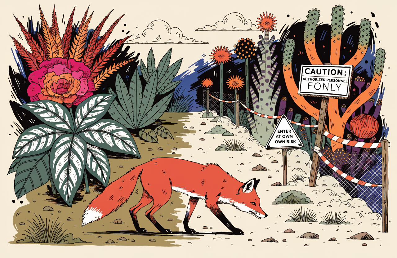 A red fox walking through a surreal landscape where the ground is divided into two contrasting territories: one side lush native flora, the other side alien plants with warning signs and borders, the fox crossing an invisible boundary line, Art Nouveau botanical illustration style with constructivist propaganda poster elements, digital illustration, editorial magazine style, flat bold colors, graphic novel aesthetic, hand-painted texture, NOT a photograph, illustrated artwork, stylized